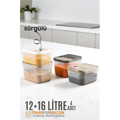 Modacar Erzak Bakliyat Kutusu Sürgülü Kapak Saklama Kabı 12 ve 16 Litre 4 lü