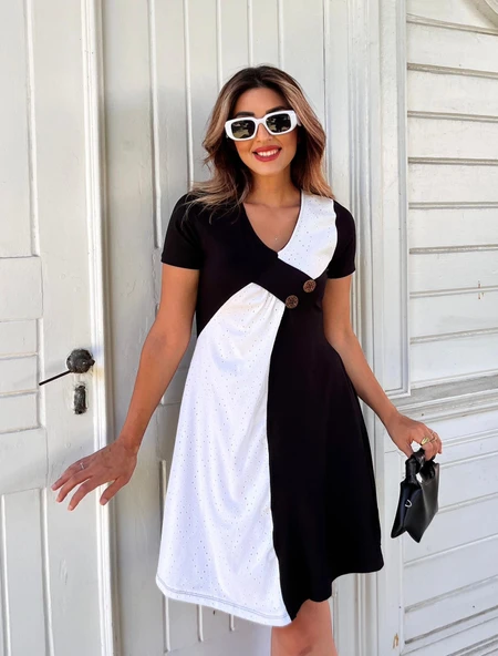 Kadın Kısa Kollu V Yaka Asimetrik Siyah Beyaz Geçişli Diz üstü Elbise ürün görseli