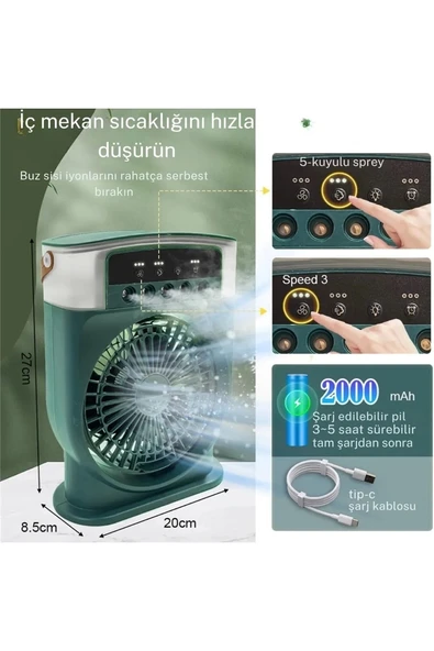 Şarjlı 600 Ml Su Hazneli Taşınabilir Masaüstü Vanilatör Güçlü Fan Ve 2000 Mah Pil Yeşil - 3