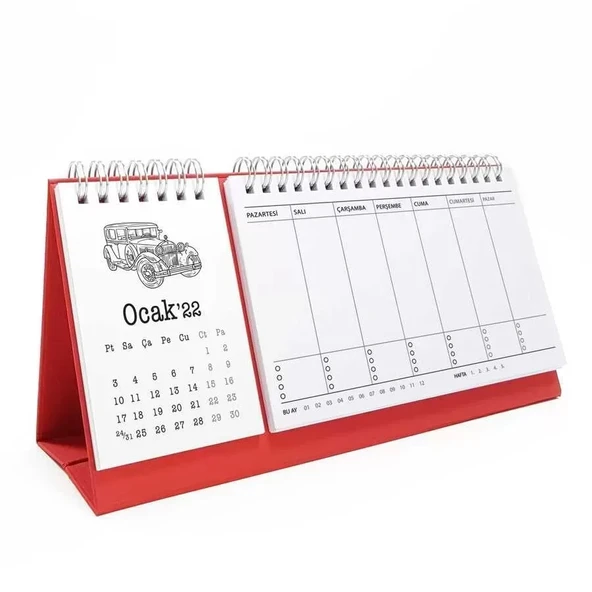 Klasik Arabalar Haftalık Planlamalı 2026 Masa Takvimi Kırmızı ürün görseli 1