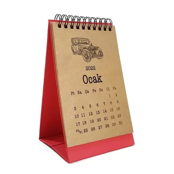 Klasik Araba Takvim 2026 Masa Takvimi Kırmızı Kraft ürün görseli 1