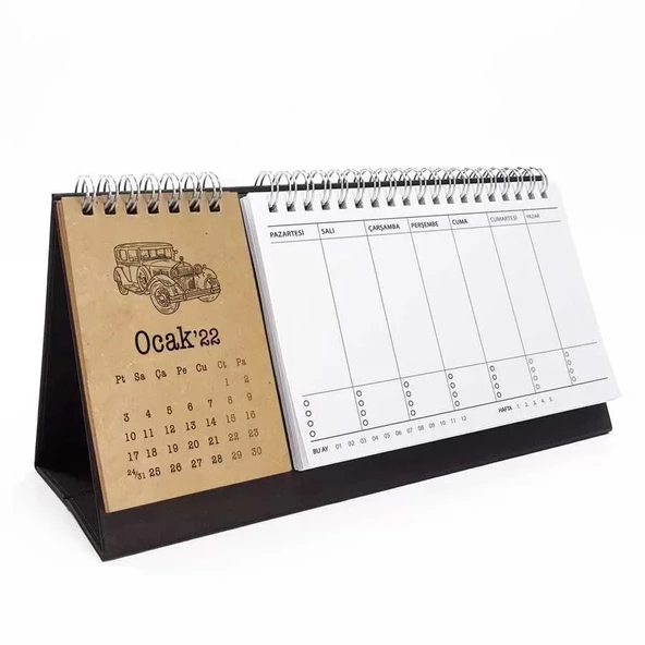 Klasik Arabalar Haftalık Planlamalı 2026 Masa Takvimi Kraft Siyah ürün görseli 1