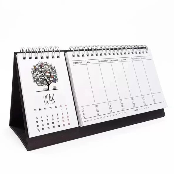 Dört Mevsim Ağaç Takvim Haftalık Planlayıcı 2026 Masa Takvimi Siyah ürün görseli 1