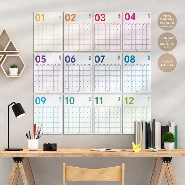 2026 Aylık Planlayıcı Duvar Takvimi, 33X48 cm & A4 Poster Takvim, Organizer Takvim, Gökkuşağı Renkleri ürün görseli 1