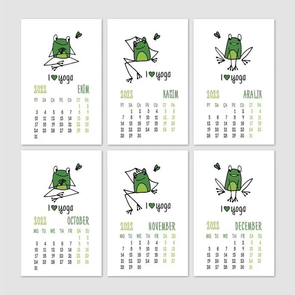 Yoga Takvim Yoga Yapan Kurbağa Türkçe İngilizce 2026 Masa Takvimi Yeşil - 6