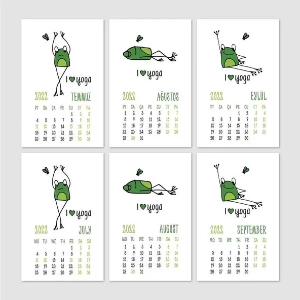 Yoga Takvim Yoga Yapan Kurbağa Türkçe İngilizce 2026 Masa Takvimi Yeşil - 5