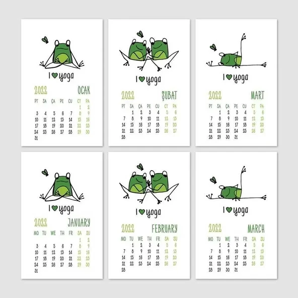 Yoga Takvim Yoga Yapan Kurbağa Türkçe İngilizce 2026 Masa Takvimi Yeşil - 3