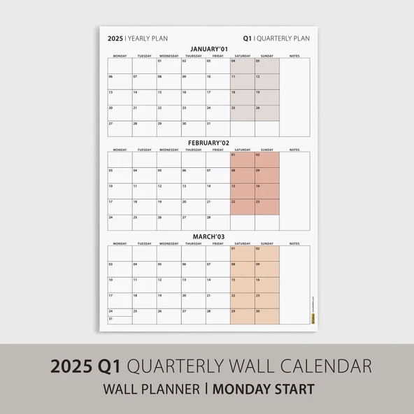 Üç Aylık Planlayıcı 2026 Duvar Takvimi, Ocak - Mart 2026, 90 Günlük Planlama, Yılın Birinci Çeyreği Takvimi - 70x100cm - Resim 3