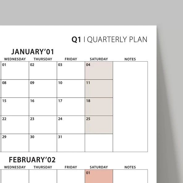 Amerikan Standardı Takvim, Üç Aylık Planlayıcı 2026 Duvar Takvimi, Ocak - Mart 2026, 90 Günlük Planlama, Yılın Birinci Ç - Resim 5