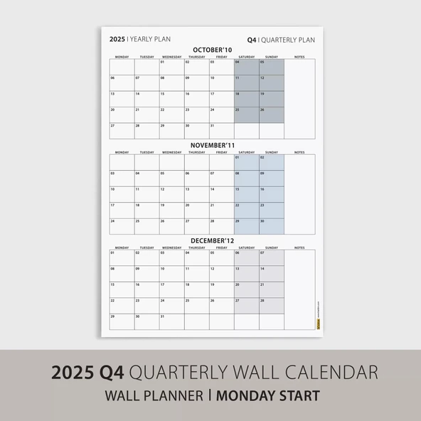 Üç Aylık Planlayıcı 2026 Duvar Takvimi, Ekim - Aralık 2026, 90 Günlük Planlama, Yılın Dördüncü Çeyreği Takvimi - 50x70cm - Resim 3
