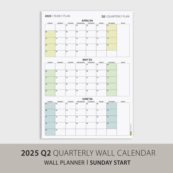 Amerikan Standardı Takvim, Üç Aylık Planlayıcı 2026 Duvar Takvimi, Nisan - Haziran 2026, 90 Günlük Planlama, Yılın İkinc - Resim 3