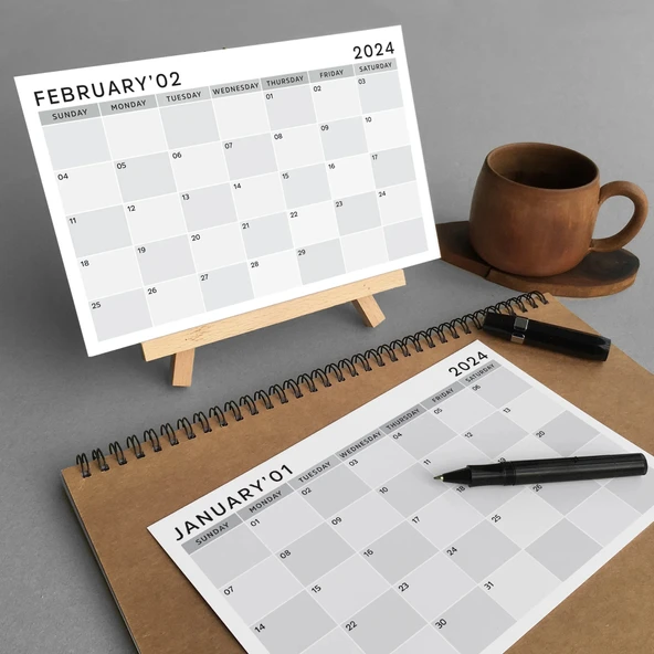 Amerikan Standardı 2026 Masa Takvimi(Pazar Günü Başlangıç),Ahşap Şövale Takvim, Grinin Tonları 2026 Masa Takvimi, Aylık - Resim 3