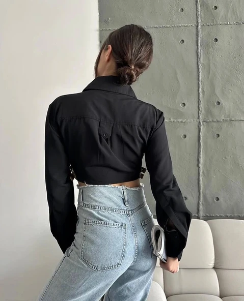 Yanı kemer detaylı crop gömlek siyah s4009 - 5