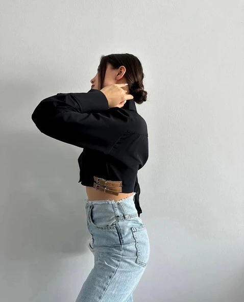 Yanı kemer detaylı crop gömlek siyah s4009 - 3