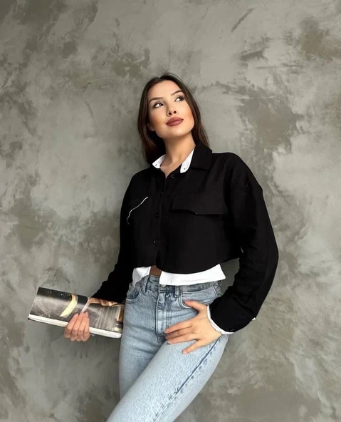 Çift renkli kısa gömlek siyahbeyaz s4021 - 3