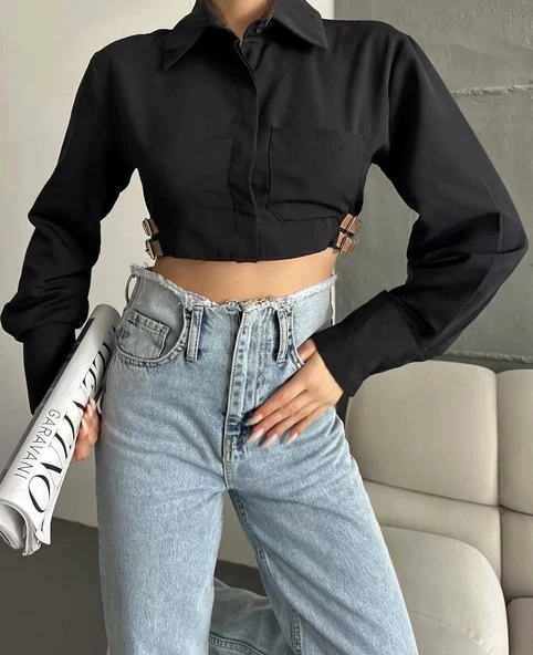 Yanı kemer detaylı crop gömlek siyah s4009 - 6