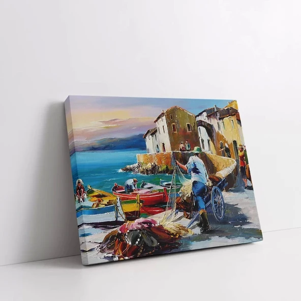 Kıyı Köyü Yaşamı Kanvas Tablo - Resim 2