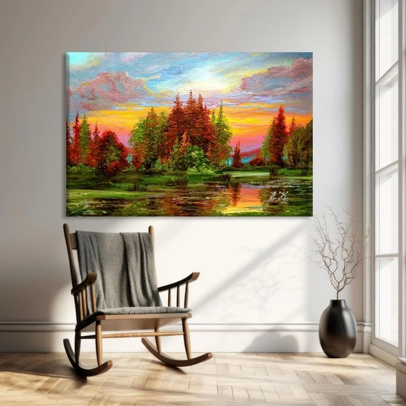 Alacakaranlıkta Göl Kenarı Kanvas Tablo ürün görseli