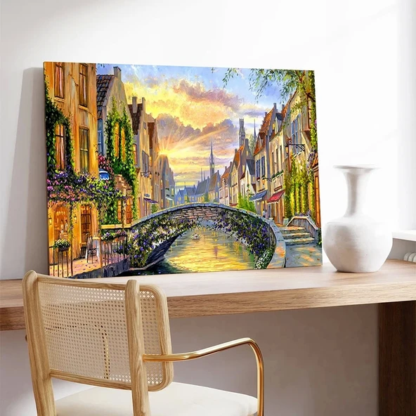 Kanal Üzerinde Akşam Kanvas Tablo - Resim 3