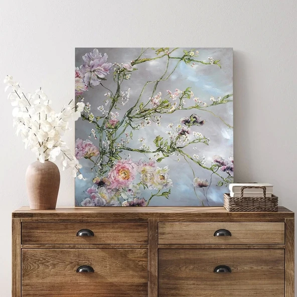 Pembe Çiçekler ve Dallar Kanvas Tablo - Resim 3
