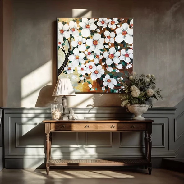 Dallarda Açan Beyaz Çiçekler Kanvas Tablo ürün görseli