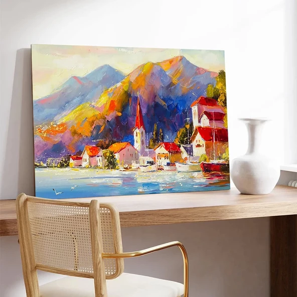 Dağ Eteğinde Köy Kanvas Tablo - Resim 3