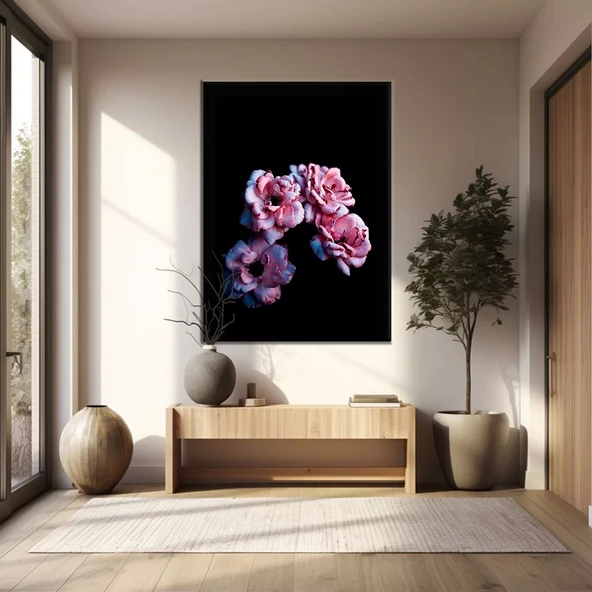 Kara Arkaplandaki Pembe Çiçekler Kanvas Tablo ürün görseli