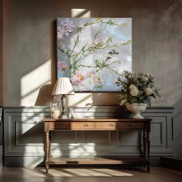 Pembe Çiçekler ve Dallar Kanvas Tablo ürün görseli