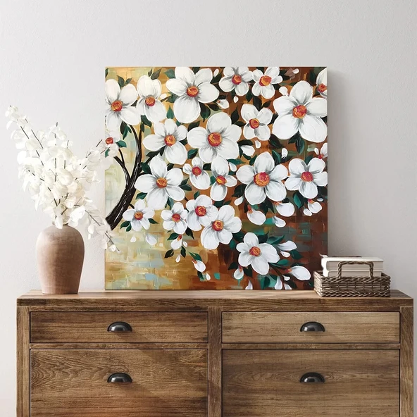 Dallarda Açan Beyaz Çiçekler Kanvas Tablo - Resim 3