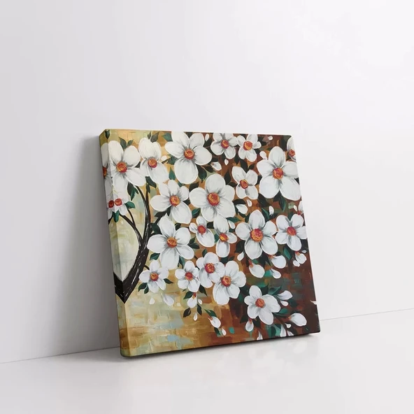 Dallarda Açan Beyaz Çiçekler Kanvas Tablo - Resim 2