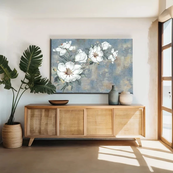 Dallarda Beyaz Çiçekler Kanvas Tablo ürün görseli