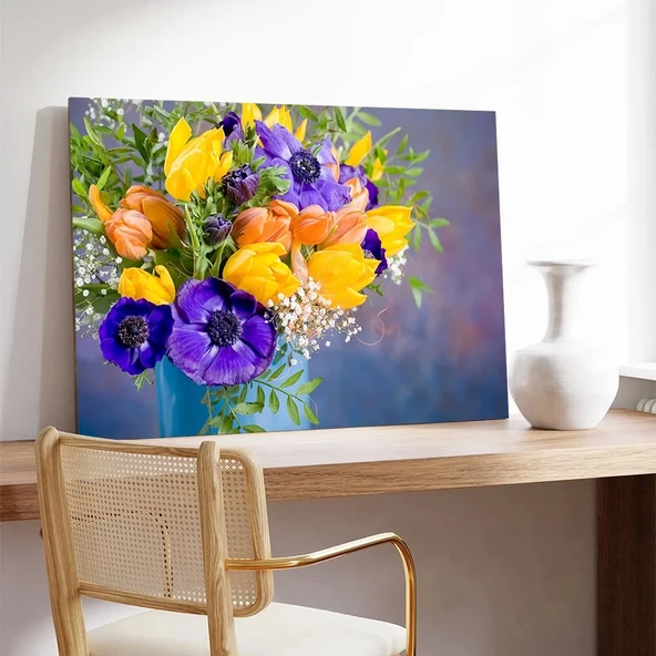 Mavi ve Sarı Çiçekler Kanvas Tablo - Resim 3