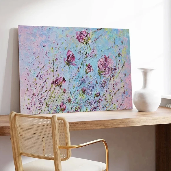 Soyut Pembe Çiçek Kanvas Tablo - Resim 3