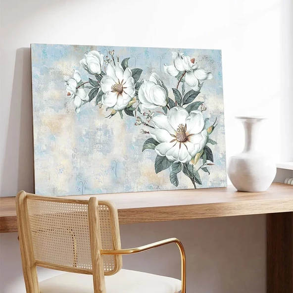 Beyaz Yapraklı Çiçekler Kanvas Tablo - Resim 3