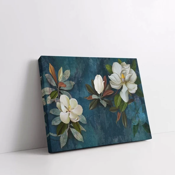 Lacivert Yapraklı Çiçekler Kanvas Tablo - Resim 2