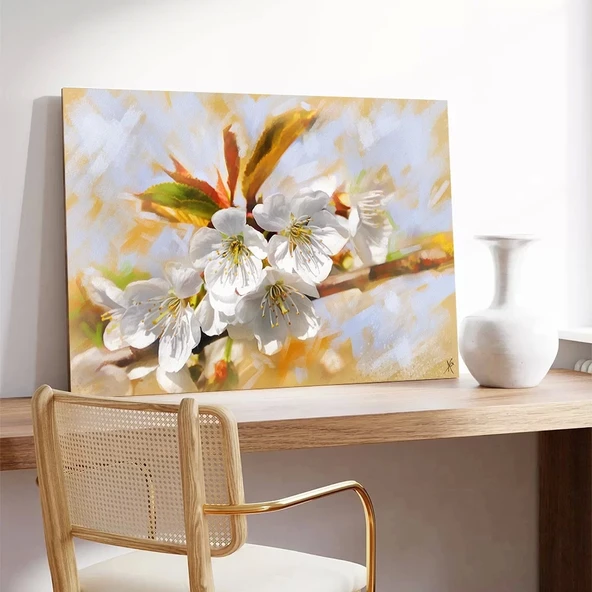 Beyaz Erik Çiçeği Kanvas Tablo - Resim 3