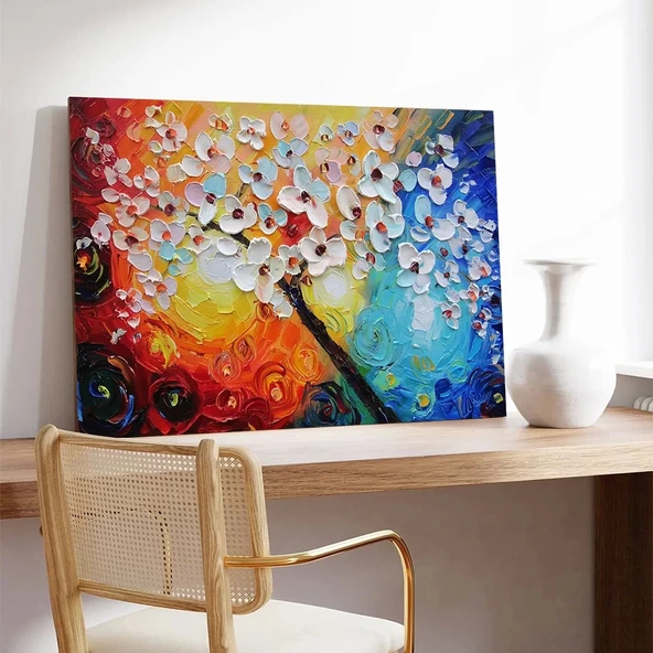 Renkli Zemindeki Çiçekler Kanvas Tablo - Resim 3