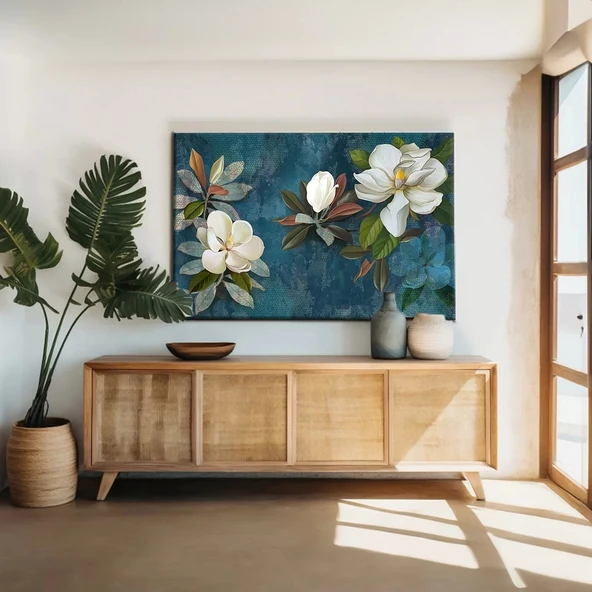 Lacivert Yapraklı Çiçekler Kanvas Tablo ürün görseli