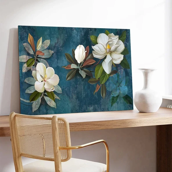 Lacivert Yapraklı Çiçekler Kanvas Tablo - Resim 3