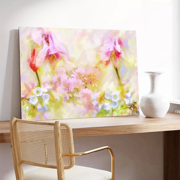 Soyut Pembe Çiçek Manzarası Kanvas Tablo - Resim 3