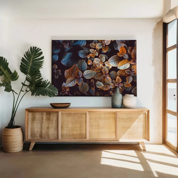 Siyah Altın Yaprak Çiçek Kanvas Tablo ürün görseli