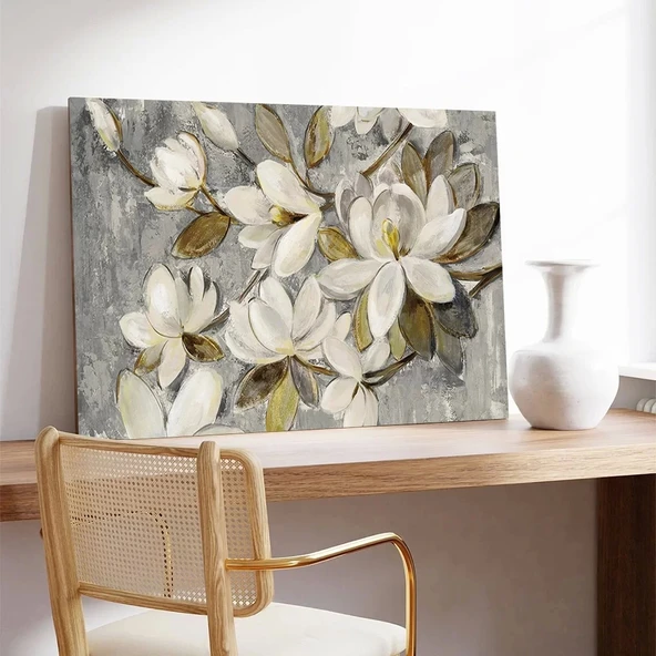 Beyaz ve Altın Çiçekler Kanvas Tablo - Resim 3