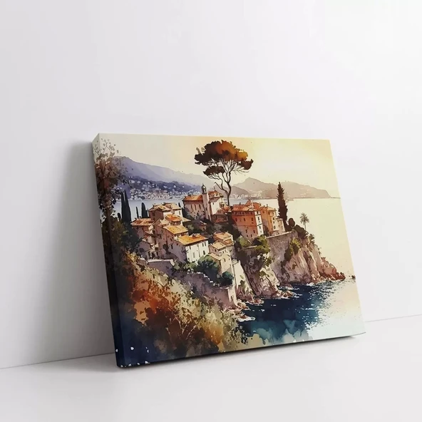 Kayalık Sahil Kasabası Kanvas Tablo - 1