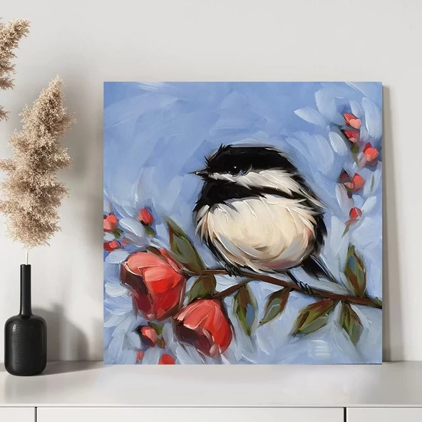 Daldaki Siyah Beyaz Kuş Kanvas Tablo - Resim 3