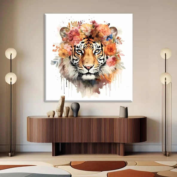 Yeleleri Çiçekli Aslan Kanvas Tablo ürün görseli