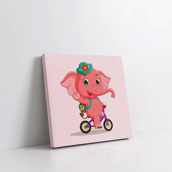 Pembe Fil Bisiklette Kanvas Tablo - Resim 2