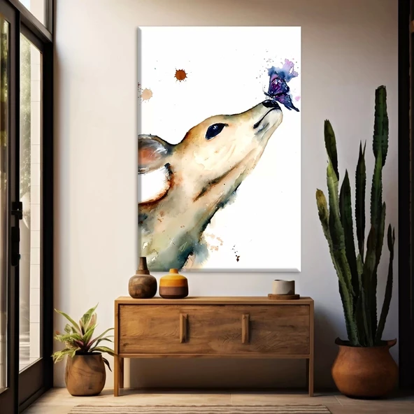 Geyiğin Burnundaki Kelebek Kanvas Tablo ürün görseli