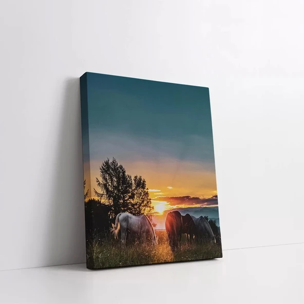 Atlar ve Günbatımı Kanvas Tablo - Resim 2
