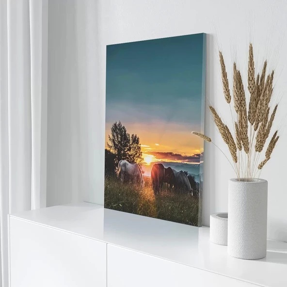 Atlar ve Günbatımı Kanvas Tablo - Resim 3