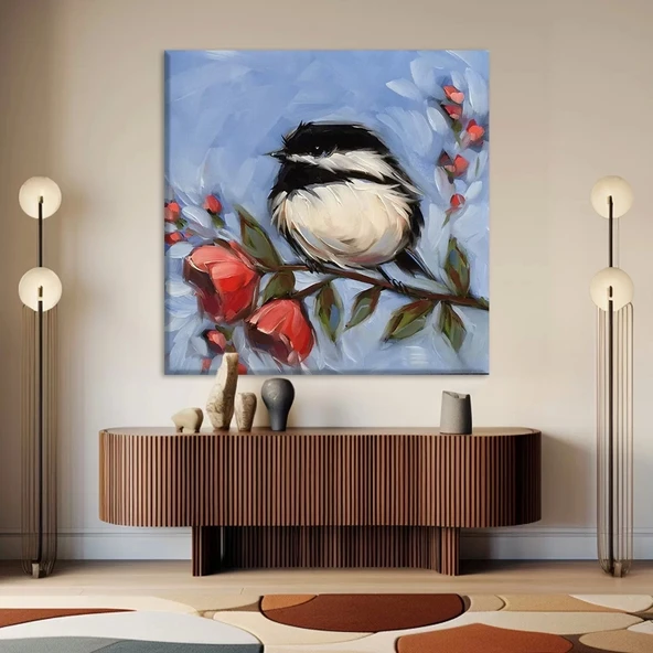 Daldaki Siyah Beyaz Kuş Kanvas Tablo ürün görseli